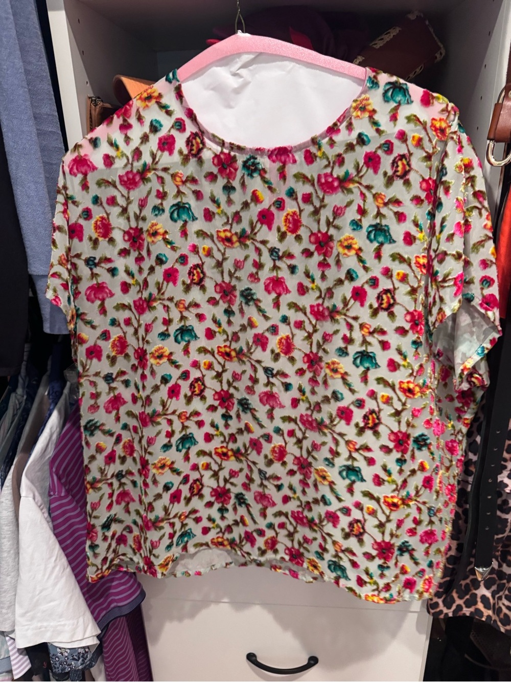 Mes Demoiselles Floral Short Sleeve Top in Pink, Teal & Yellow